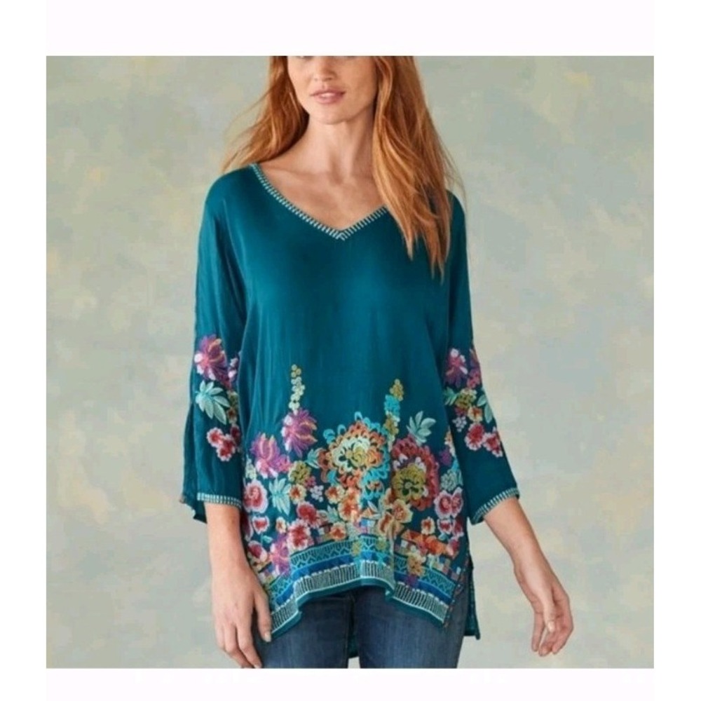 Johnny Was Large‎ Araxi Floral Embroidered Boho 3/4 Sleeve Tunic Top Women's XS - Picture 3 of 7